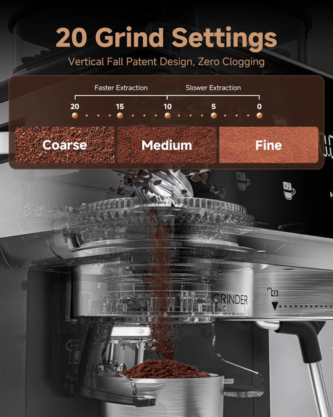 Espresso Machine With Built In Grinder For Home Use 20 Bar Pressure 1350W showing grind settings and coffee grounds falling into chamber