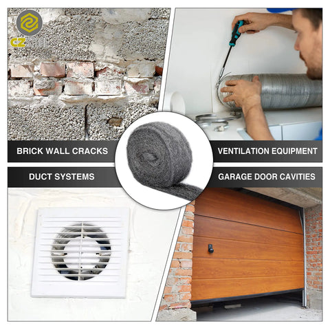 Collage showing uses of Stainless Steel Wool 13 Ft Grade 0000 Metal Wire Mesh for cleaning brick wall cracks and duct systems.