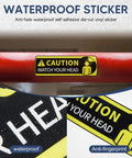 Two Pack Watch Your Head Sign Stickers Self Adhesive Frosted Vinyl Decals Easy Install Thick Durable Backing 3.9 Inch By 11.8 Inch Each Indoor Safety Warnings Clear Readability, caution sticker on red beam