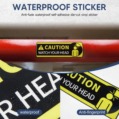 Two Pack Watch Your Head Sign Stickers Self Adhesive Frosted Vinyl Decals Easy Install Thick Durable Backing 3.9 Inch By 11.8 Inch Each Indoor Safety Warnings Clear Readability, caution sticker on red beam