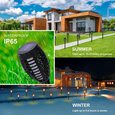 Eight Pack Solar Torch Lights With 12 LED Flickering Flame Outdoor Waterproof Stake Lights For Yard Garden Decor Auto On Off Safe Flame Alternative Easy Solar Powered Night Ambience