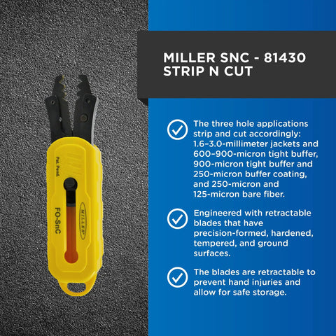 Yellow FO SNC Fiber Optic Strip And Cut Tool Portable Multifunction Cable Cutting And Stripping Tool displayed next to instructions.