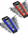 Gotta Keep Your Shop Super Tidy With This Heavy Duty 2 Piece Wrench Holder Rack Set Featuring Slam Lock Grips For SAE And Metric Tools Wall Mount Garage Organizers, displaying two racks with chrome wrenches.