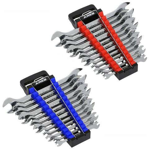 Gotta Keep Your Shop Super Tidy With This Heavy Duty 2 Piece Wrench Holder Rack Set Featuring Slam Lock Grips For SAE And Metric Tools Wall Mount Garage Organizers, displaying two racks with chrome wrenches.