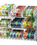 Solid As Rocks 3 Tier Stackable Can Organizer Rack Holds 36 Cans Chrome with various canned goods on display.