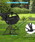 Hammock Camping Chair With Detachable Footrest And Cup Holder shown in green garden, sturdy frame detail