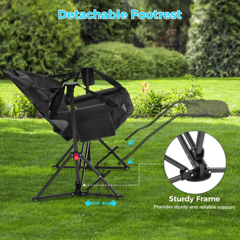 Hammock Camping Chair With Detachable Footrest And Cup Holder shown in green garden, sturdy frame detail