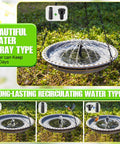 Solar Powered Bird Bath Fountain Kit For Outdoor Hanging Use With 4 Water Pattern Sprays Hummingbird Pump No Fuss Setup Garden Yard Patio Lawn Decor That Attracts Birds in a garden setting with water spray shown.