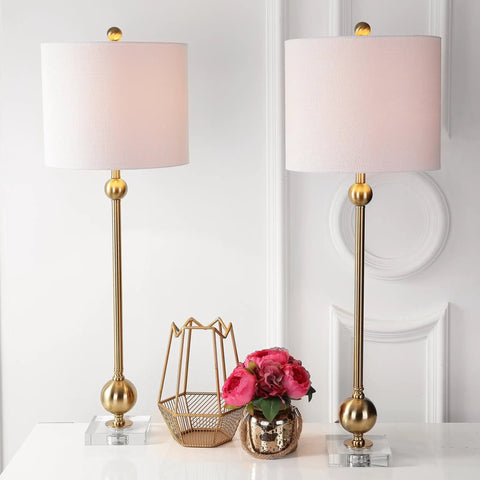 Dope Brass LED Table Lamps Set of 2 With Crystal Bases Mid Century Modern Sputnik Design For Living Room Or Bedroom White Linen Shade Energy Saving LED Bulbs Included 34.75 Inch Tall