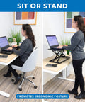 Woman using Sit Stand Keyboard Tray for Desk with Height Adjustable Riser, sitting and standing positions shown, in home office setting.