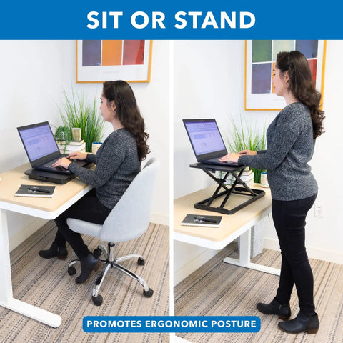Woman using Sit Stand Keyboard Tray for Desk with Height Adjustable Riser, sitting and standing positions shown, in home office setting.