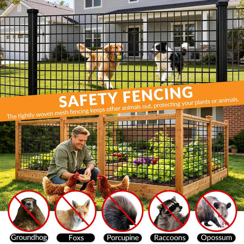 Heavy Duty 1/4 Inch Black Vinyl Chicken Wire Fence Roll, 23 Gauge Rust Fighting Hardware Cloth For Backyards And Barns with dogs and garden.
