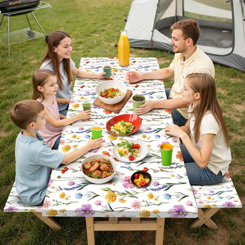 Picnic Table Cover With Bench Covers For 6 Foot Rectangular Tables Elastic Fitted Waterproof Washable Outdoor Tablecloth Floral Watercolor Wildflower Print No Fuss Cleanup For Garden Patio Camping in use during outdoor meal