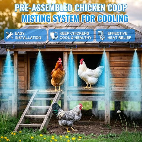 Outdoor Misting And Cooling System For Patio And Chicken Coop 20 Ft With 10 Brass Nozzles in action cooling chickens