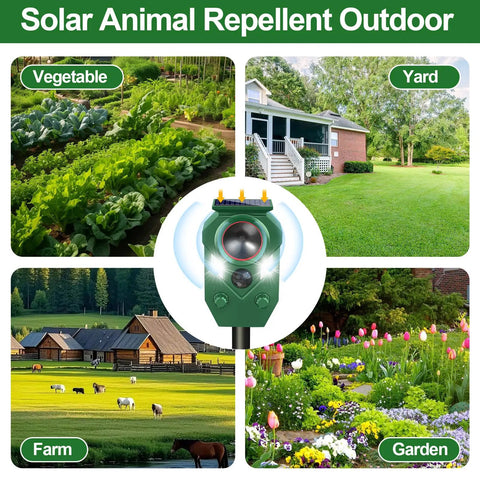 Outdoor Ultrasonic Animal Deterrent With PIR Sensor And Flashing Light Motion Activated Solar Powered Critter Repellent For Cat Deer Squirrel Raccoon Rabbit Skunk And Dog Yard Protection IP65 Waterproof 1 Pack in garden, yard, farm, and vegetable bed