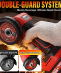 Power Through Demanding Jobs With This Heavy Duty 3 Inch Cordless Angle Grinder Featuring A Badass 21V Battery Setup And Slick Lcd Display For Hassle Free Cutting showing double-guard system and spark control.