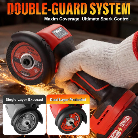 Power Through Demanding Jobs With This Heavy Duty 3 Inch Cordless Angle Grinder Featuring A Badass 21V Battery Setup And Slick Lcd Display For Hassle Free Cutting showing double-guard system and spark control.