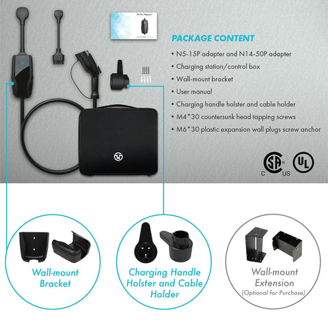 Package contents of Level 2 EV Charger 7.6kW Plug-and-Play Home Charger With Dual Voltage 120V/240V, NEMA 5-15 and NEMA 14-50 Plugs.