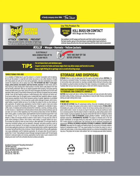 Straight Shooting Flying Insect Killer Spray For Wasps And Hornets With A Powerful Jet Stream Two 14 Oz Cans label back showing instructions and safety tips.