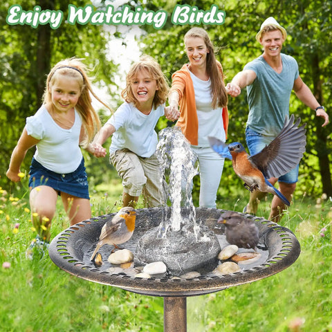 Family enjoying birds around Bird Bath Water Fountain Rock With Electric Pump And Power Source, Granite Resin Rock Waterfall Kit.