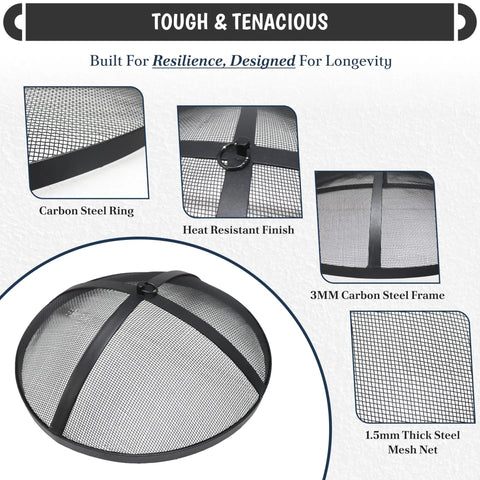 Round Fire Pit Spark Screen Compatible With Bonfire Size Pits Carbon Steel Mesh Cover With Easy Lift Hook detail and components