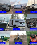 Eight different vehicles including car, trailer, truck, boat, RV, motorcycle, tractor, ATV, lawn mower