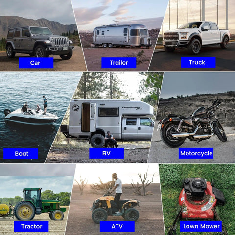 Images showing car, trailer, truck, boat, RV, motorcycle, tractor, ATV, and lawn mower for 30W 24V Solar Panel Kit With MPPT