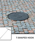 Heavy Duty Manhole Cover Hook With T Shaped Handle 15 Inch Pull Tool shown on paved ground