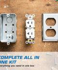 Heavy Duty 2x4 Utility Electrical Outlet Box Kit With Metal Enclosure, 20 Amp Tamper-Resistant Duplex Receptacle, 3-Pack, Includes Duplex Cover Plate, Grounding Screw, And Ten 1/2 Inch Knockouts, shown with metal box, outlet, and cover plate