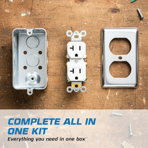 Heavy Duty 2x4 Utility Electrical Outlet Box Kit With Metal Enclosure, 20 Amp Tamper-Resistant Duplex Receptacle, 3-Pack, Includes Duplex Cover Plate, Grounding Screw, And Ten 1/2 Inch Knockouts, shown with metal box, outlet, and cover plate