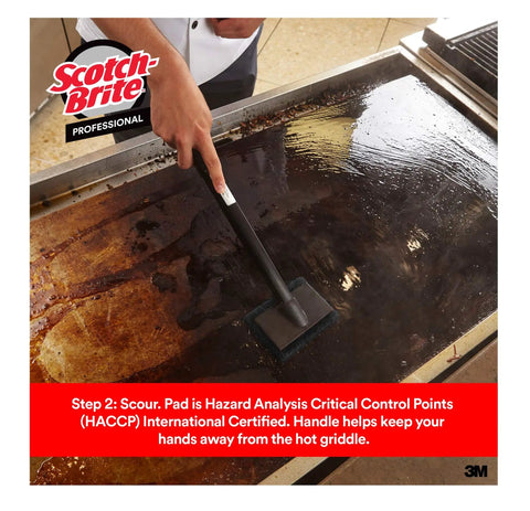 Person using Scotch-Brit Quick Clean Griddle Cleaning System Starter Kit With Squeegee Scraper Scouring Pads And Heat Activated Cleaner