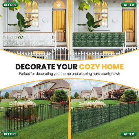 Before and after image of a 120x40 Inch Artificial Ivy Privacy Fence Screen with faux greenery panels on a patio and garden fence.