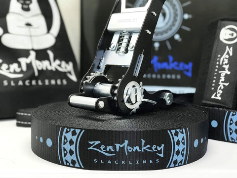 Infinity Slackline Kit With 100 Foot Longline, Ergo Ratchet, and Tree Protectors showcasing ratchet mechanism and design.