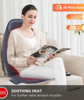 Woman using Cozy Massage Seat Cushion with Heat and Memory Foam Neck and Lumbar Support, 10 Vibration Motors, home relaxation setup