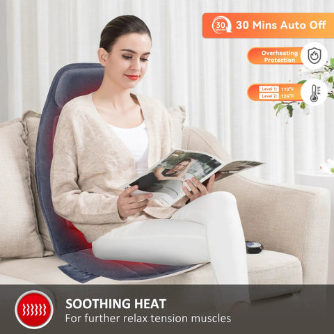 Woman using Cozy Massage Seat Cushion with Heat and Memory Foam Neck and Lumbar Support, 10 Vibration Motors, home relaxation setup