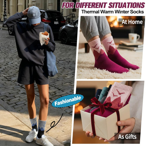 Womens Merino Wool Hiking Socks For Cold Weather Thermal Warm Crew Socks With Cushioned Comfort Cozy Fit 5 Pair Gift Set
