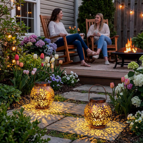 Two Pack Outdoor Solar Hanging Lantern Lights With Handle Waterproof Tabletop LED Moroccan Style Metal Garden Lanterns in garden