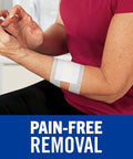 Nexcare tape on forearm; two white adhesive strips for sensitive skin