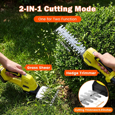 2 In 1 Cordless Hedge Trimmer Kit With 2 Batteries And Charger For Lawn Edges And Shrub Shaping, 8.2 Inch Hedge Blade And 4.3 Inch Grass Shear Blade in use