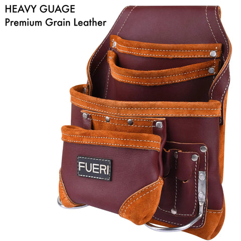 Maroon Leather Tool Pouch With Triple Hammer Holders And 10 Pockets For Construction Pros Carpenters Electricians Framers
