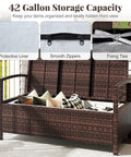 Outdoor Storage Bench With Cushioned Seat And Backrest 42 Gallon Rattan Deck Box With Acacia Wood Armrests And Sturdy Metal Frame Waterproof Patio Storage Bench For Porch Backyard Or Poolside Two In One Seat And Storage open showing liner and ties