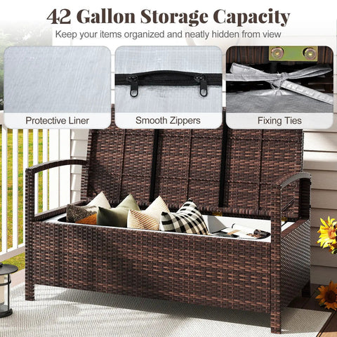Outdoor Storage Bench With Cushioned Seat And Backrest 42 Gallon Rattan Deck Box With Acacia Wood Armrests And Sturdy Metal Frame Waterproof Patio Storage Bench For Porch Backyard Or Poolside Two In One Seat And Storage open showing liner and ties
