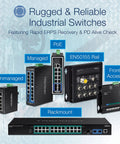 Rugged reliable industrial switches featuring 8 Port Industrial Gigabit PoE Plus DIN Rail Switch Built Tough For Rugged Environments