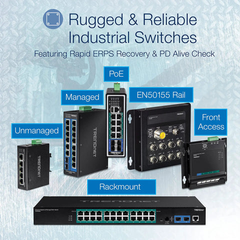 Rugged reliable industrial switches featuring 8 Port Industrial Gigabit PoE Plus DIN Rail Switch Built Tough For Rugged Environments