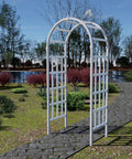 Weatherproof Vinyl Garden Arbor Arch 41W By 86H White Easy Assembly With Ground Anchors Durable Outdoor Yard Decor shown on garden path