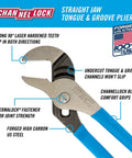 Pro's Choice Pliers Kit With Bonus Tool Tray For Easy Storage 4 Piece Heavy Duty Set 9.5 Inch Tongue And Groove close-up with labels
