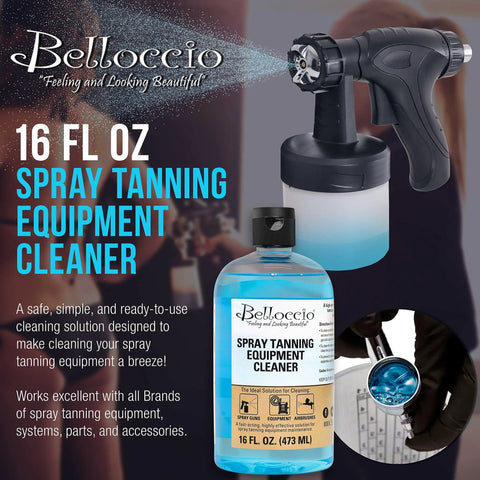 Spray Tanning Equipment Cleaner 16 Ounce Bottle Fast Acting Cleaning Solution Cleans Airbrush Spray Tanning Guns Airbrushes and Equipment Systems Removes Dried On Tan Residue No Fuss Easy To Use for All Brands. 16 fl oz bottle with spray gun