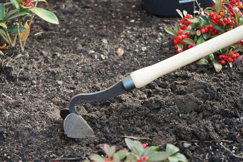 Drop Grip Hand Plow For Raised Beds And Garden Cultivation, Ash Wood Handle With Dual Bulb Grips, 22.4 Inch furrow in soil