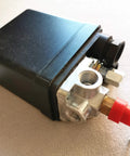 Air Compressor Pressure Switch Control Valve With One Quarter Inch PT Thread And Safety Relief Valve, Replacement Parts 90 To 120 PSI, 4 Port, 240V Auto On Off showing 1/4in thread and safety features