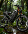 Built Different Dual Motor Ebike Dropping 5600W Peak Power And 50Mph Top Speed With An Insane 80Ah Battery in a forest setting.